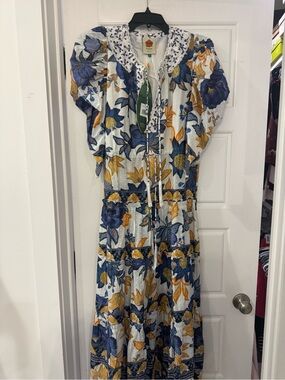 FARM Rio White Maxi Dress with Blue & Mustard Floral Print
